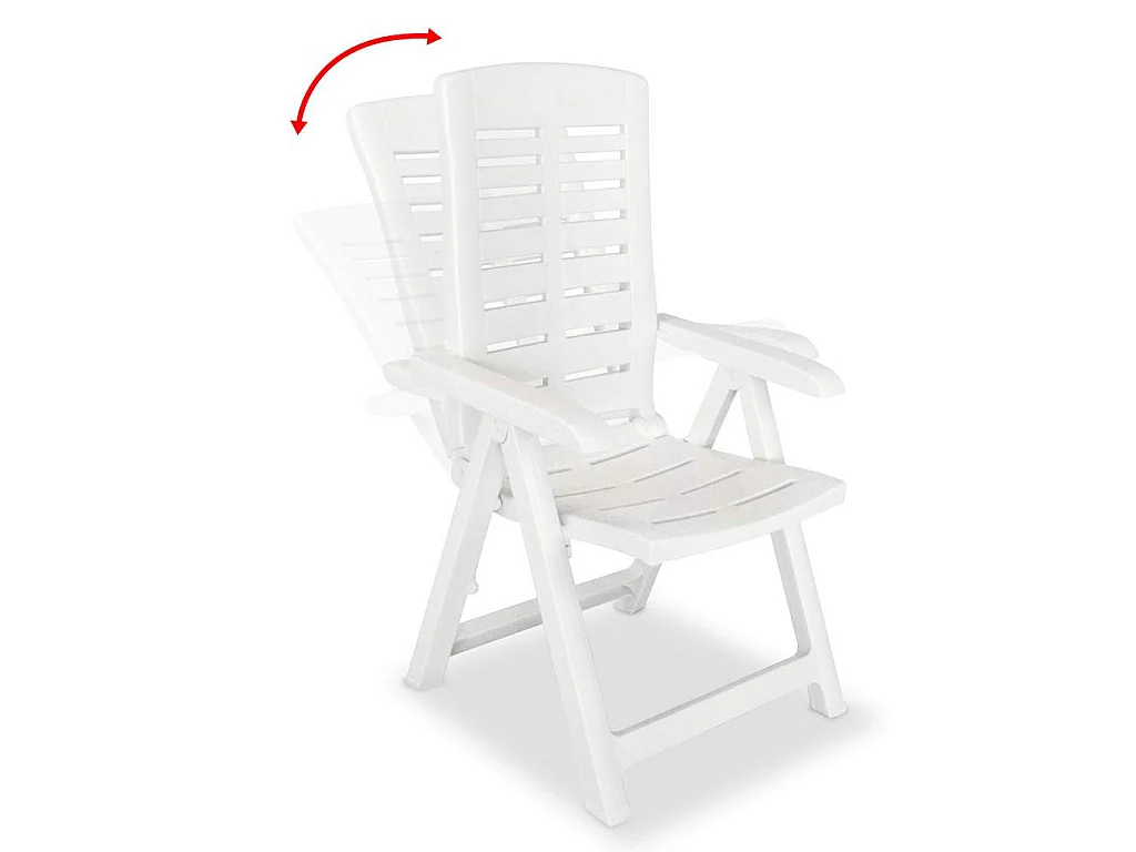 Conjunto de 6 cadeiras reclináveis dobráveis de plástico branco.