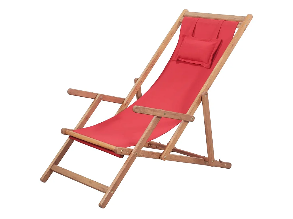 Sedia pieghevole in tessuto e struttura in legno, colore rosso.
