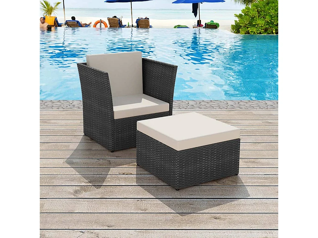 Chaise de jardin avec tabouret Noir Résine tressée