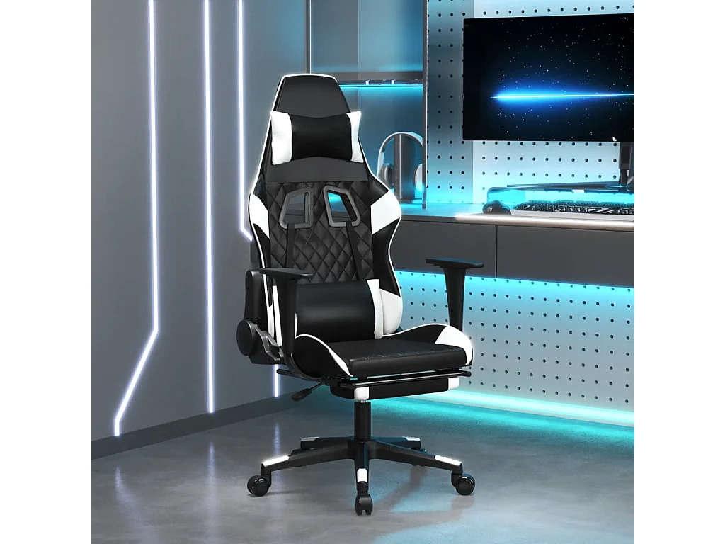 Gaming-Stuhl mit Massage & Fußstütze Schwarz & Weiß Kunstleder