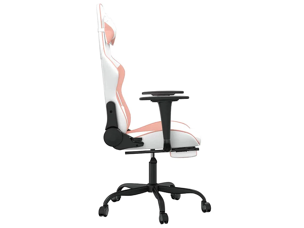 Cadeira gaming com apoio p/ pés couro artificial branco e rosa