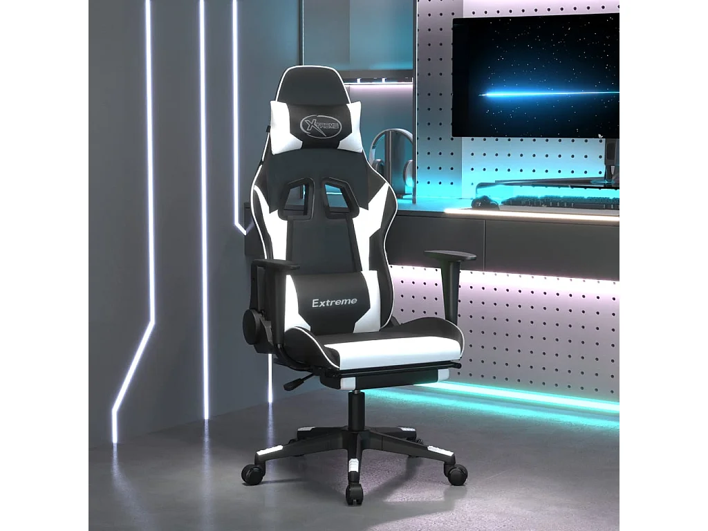 Sedia Gaming Massaggiante Poggiapiedi Nero e Bianco Similpelle
