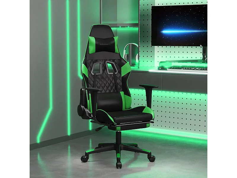 Cadeira gaming massagens c/ apoio pés couro artif. preto/verde