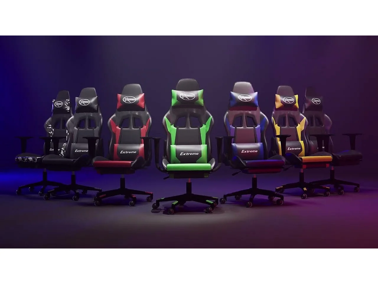 Silla gaming de masaje y reposapiés cuero sintético negro azul