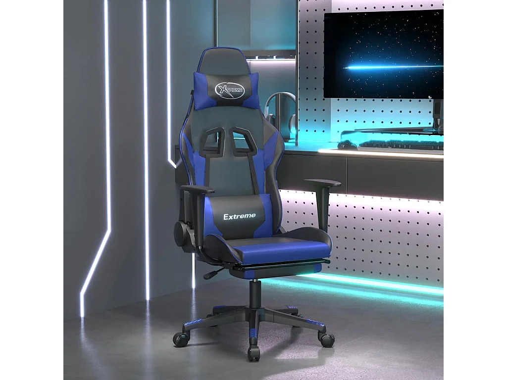 Chaise de jeu de massage et repose-pied Noir et bleu Similicuir