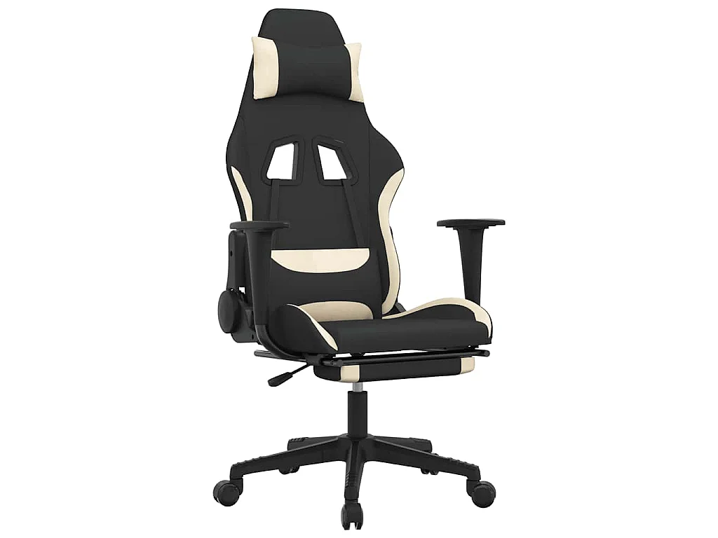 Sedia da Gaming Massaggio e Poggiapiedi Tessuto Nero e Crema