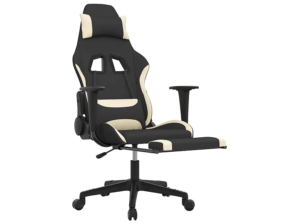 Sedia da Gaming Massaggio e Poggiapiedi Tessuto Nero e Crema