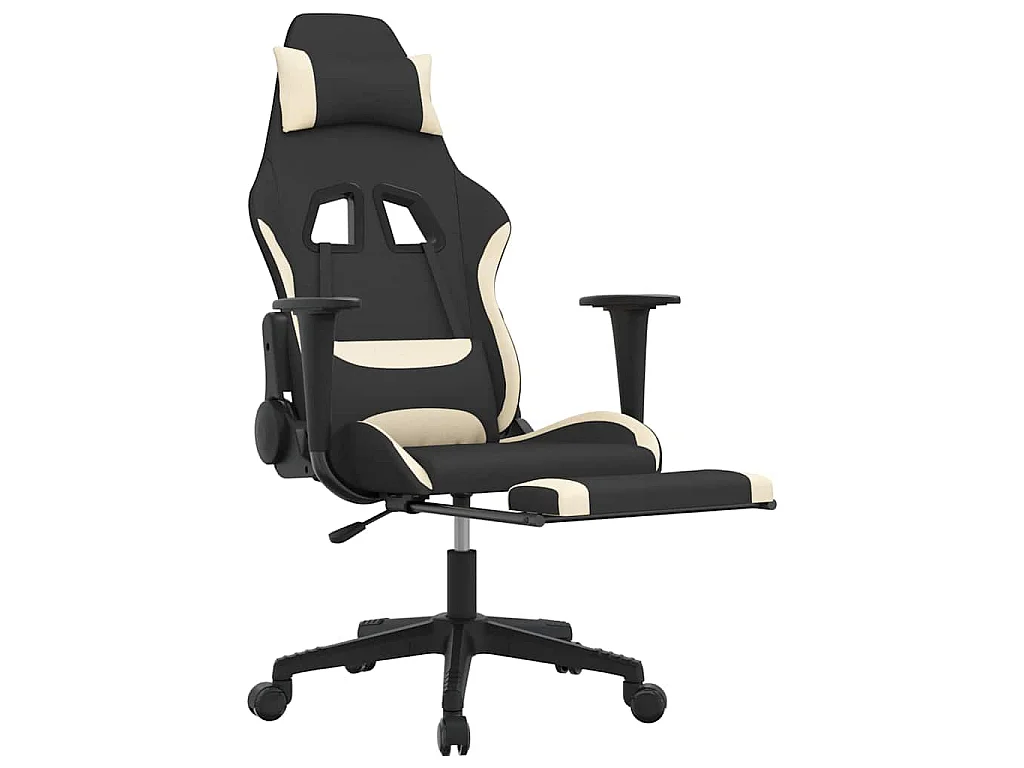 Sedia da Gaming Massaggio e Poggiapiedi Tessuto Nero e Crema