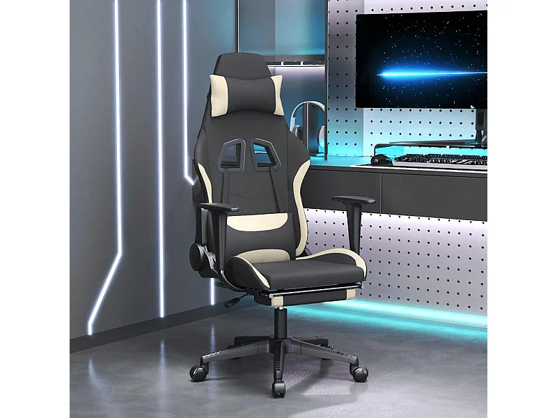 Silla gaming de masaje con reposapiés tela negro y crema