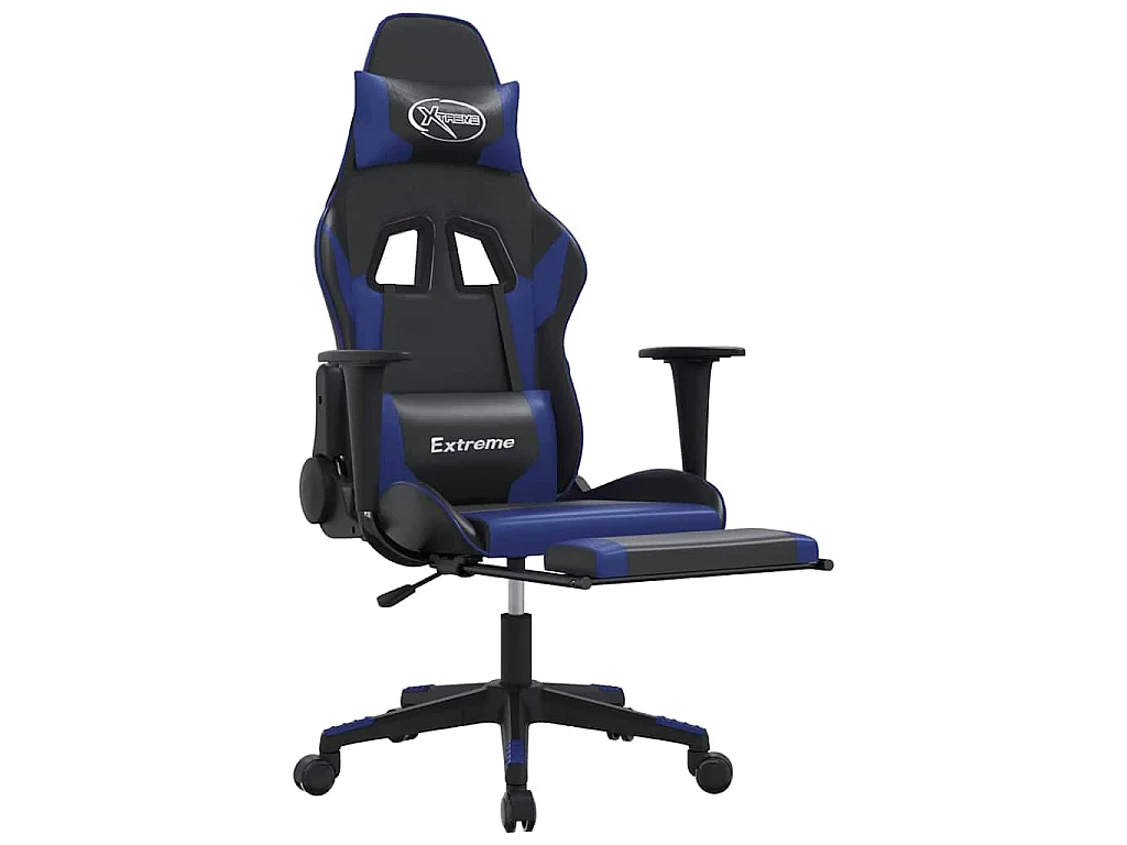 Gamestoel met voetensteun kunstleer zwart en blauw