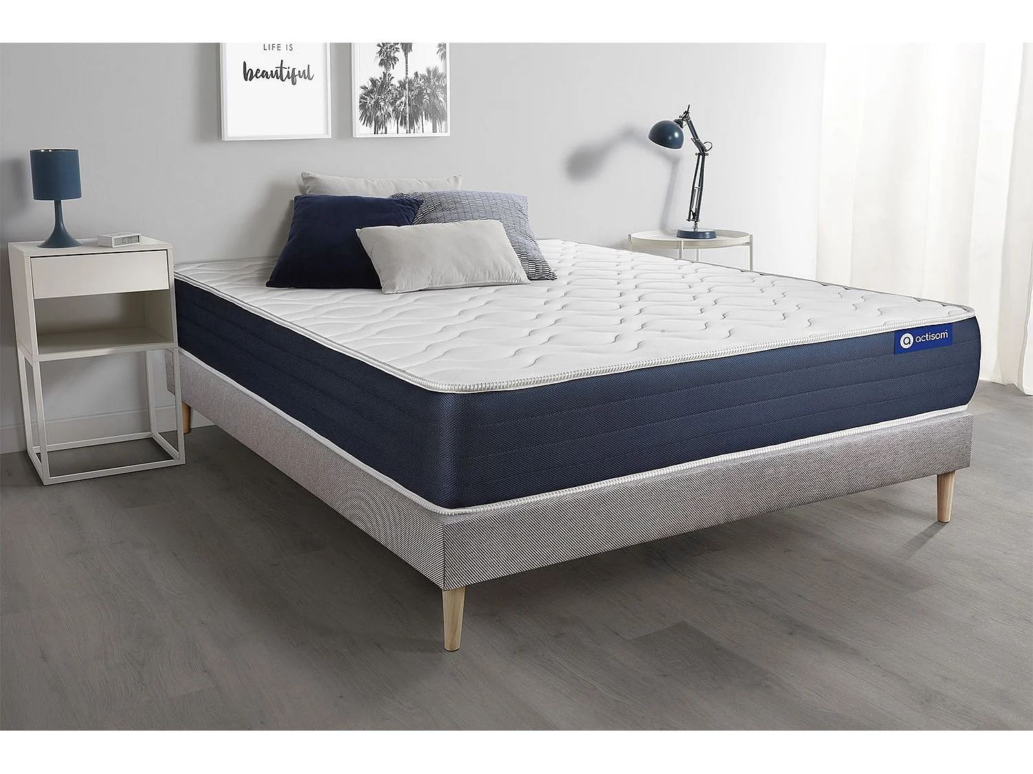Ensemble matelas Latex et Mémoire de forme ACTILATEX SLEEP 90x200 5zones de confort + sommier KIT gris