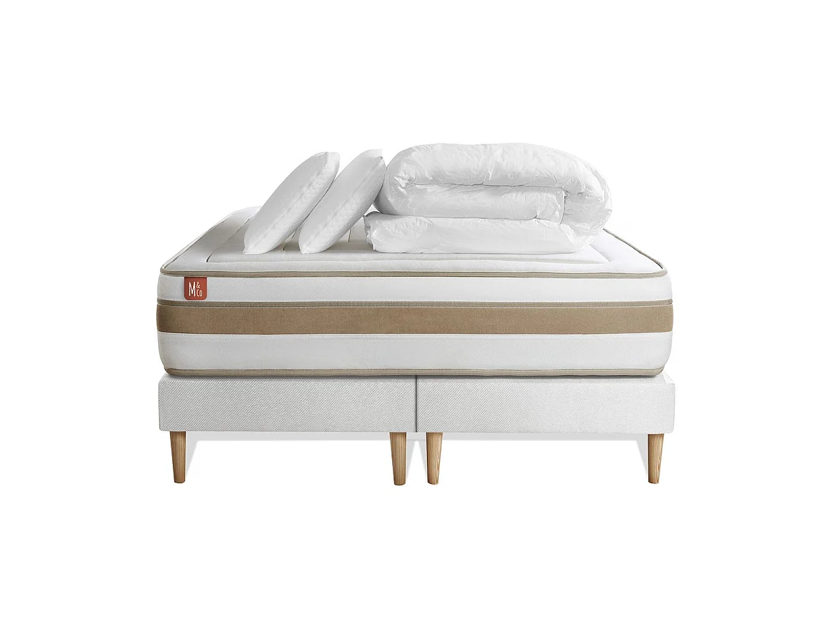 Pack prêt à dormir matelas LE RAFFINÉ 200x200cm Ressorts ensachés + Mémoire de forme BioVisco + double sommiers Blanc