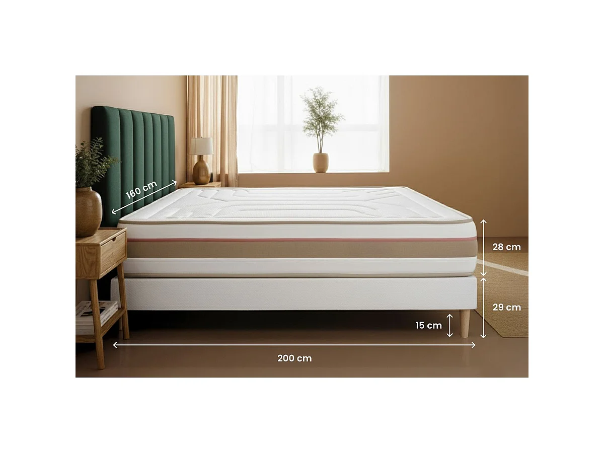Pack prêt à dormir matelas LE TENDRE 160x200 Ressorts ensachés + Mémoire de forme + double sommiers Beige