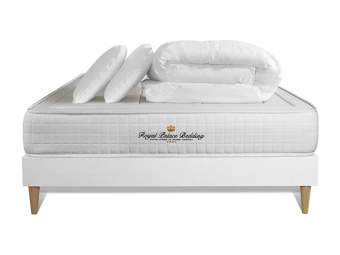 Pack matelas à mémoire de forme maxi épaisseur Balmoral 140x200cm sommier KIT blanc + 2 oreillers + 1 couette 240x220cm