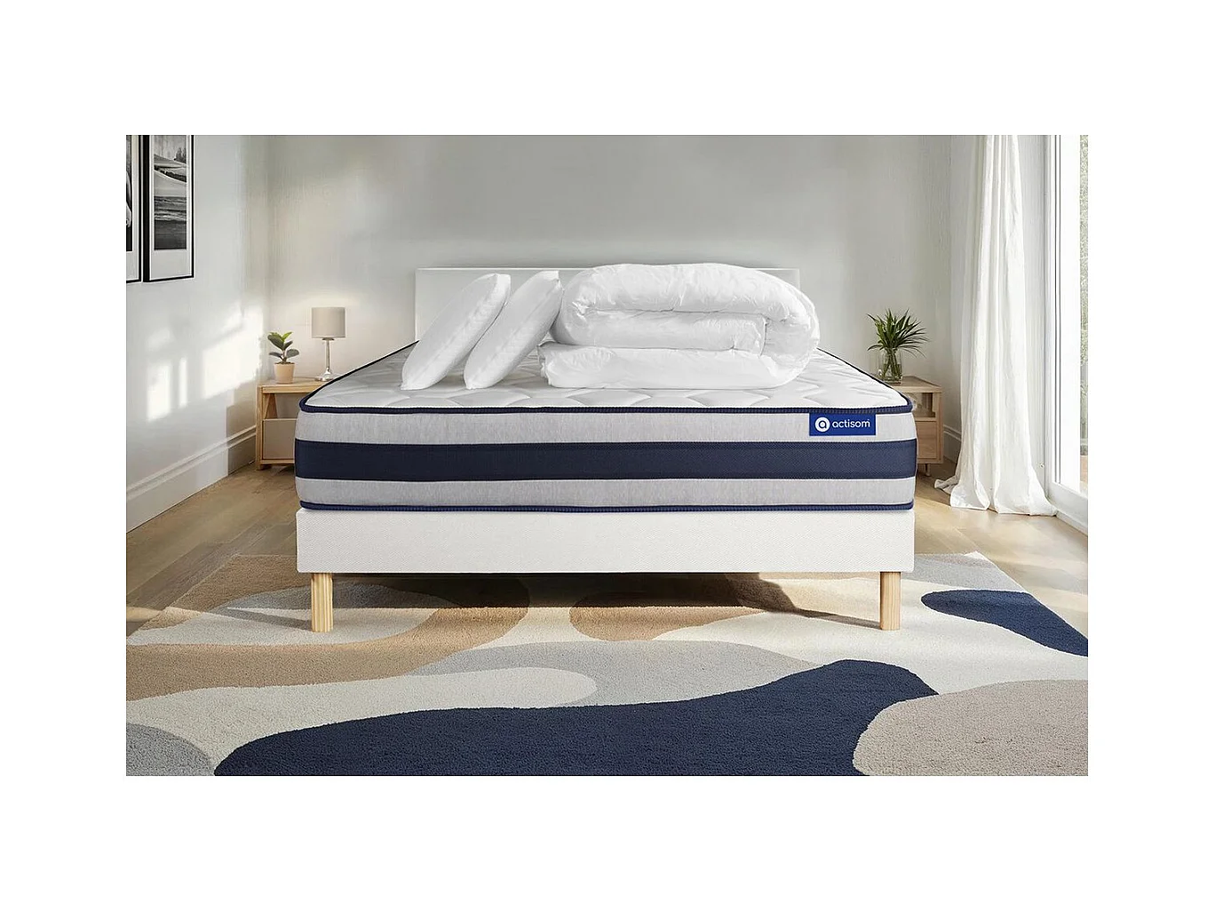 Pack prêt à dormir matelas Latex et Mémoire de forme ACTILATEX ERGO 140x200 cm + sommier KIT blanc + 2 oreillers + couette