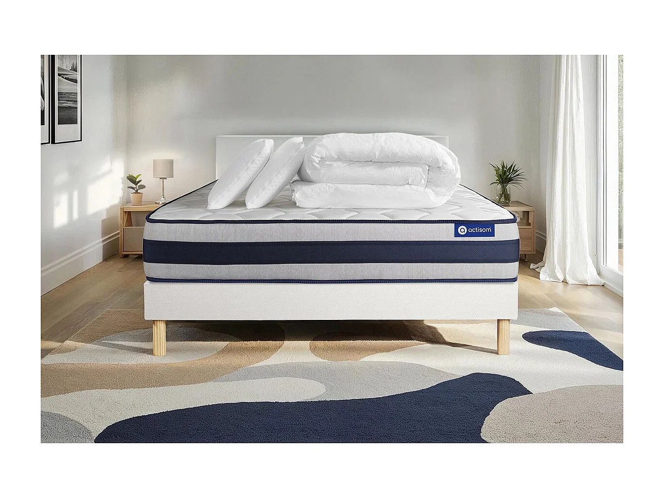 Pack prêt à dormir matelas Latex et Mémoire de forme ACTILATEX ERGO 140x200 cm + sommier KIT blanc + 2 oreillers + couette
