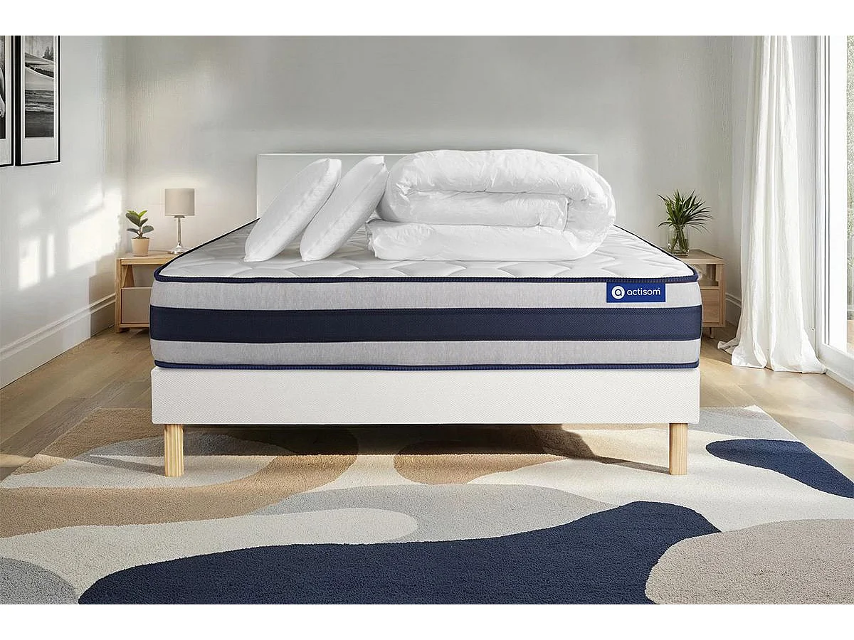 Pacchetto letto completo - Materasso 140x200cm + Box spring con doghe (kit) + 2 cuscini + Piumino - Actilatex Ergo