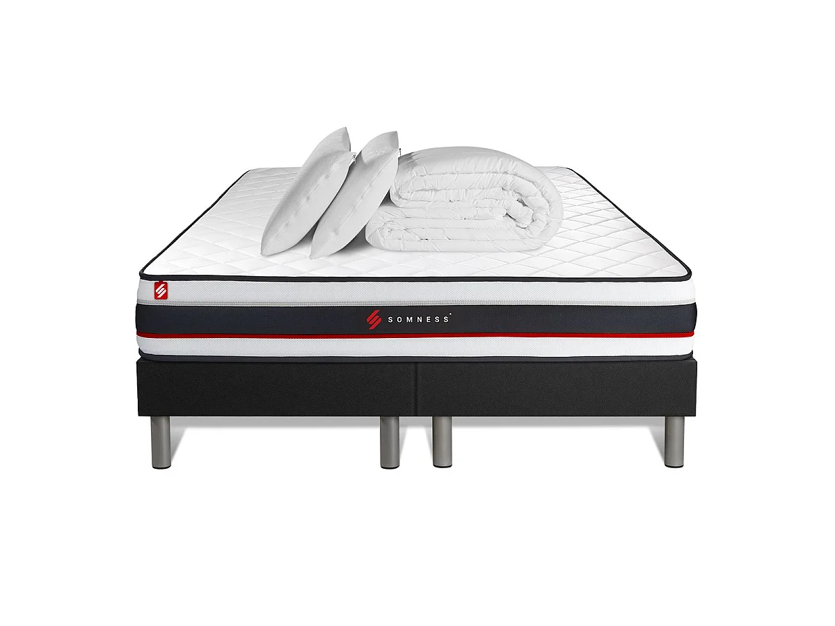 Pack double sommier 90x200 + matelas FORM 180x200 + 2 oreillers mémoire de forme + Couette Percale