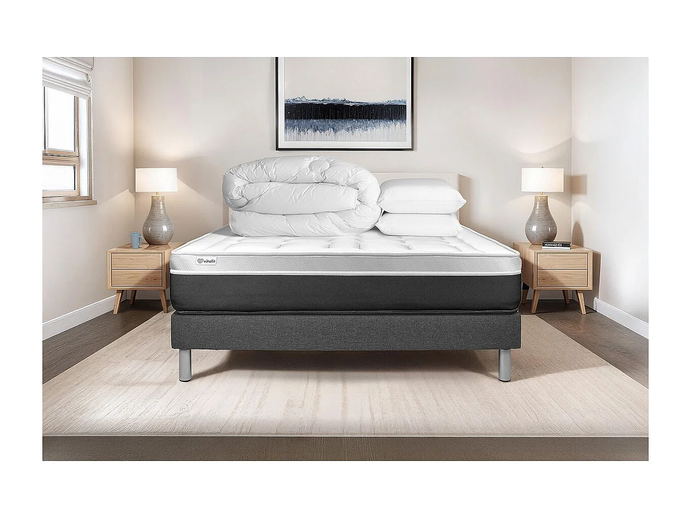 Komplettpaket Bett - Matratze 180x200 cm + Boxspringbett mit Lattenrost (im Set) + 2 Kopfkissen + Bettdecke - Vital Soft