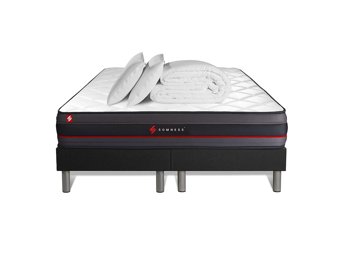 Pack matelas REGEN 160x200 + double sommiers noir 80x200 + Couette + 2 oreillers