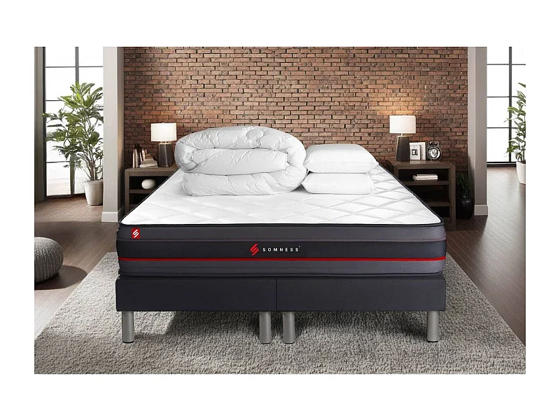 Pack matelas REGEN 160x200 + double sommiers noir 80x200 + Couette + 2 oreiller
