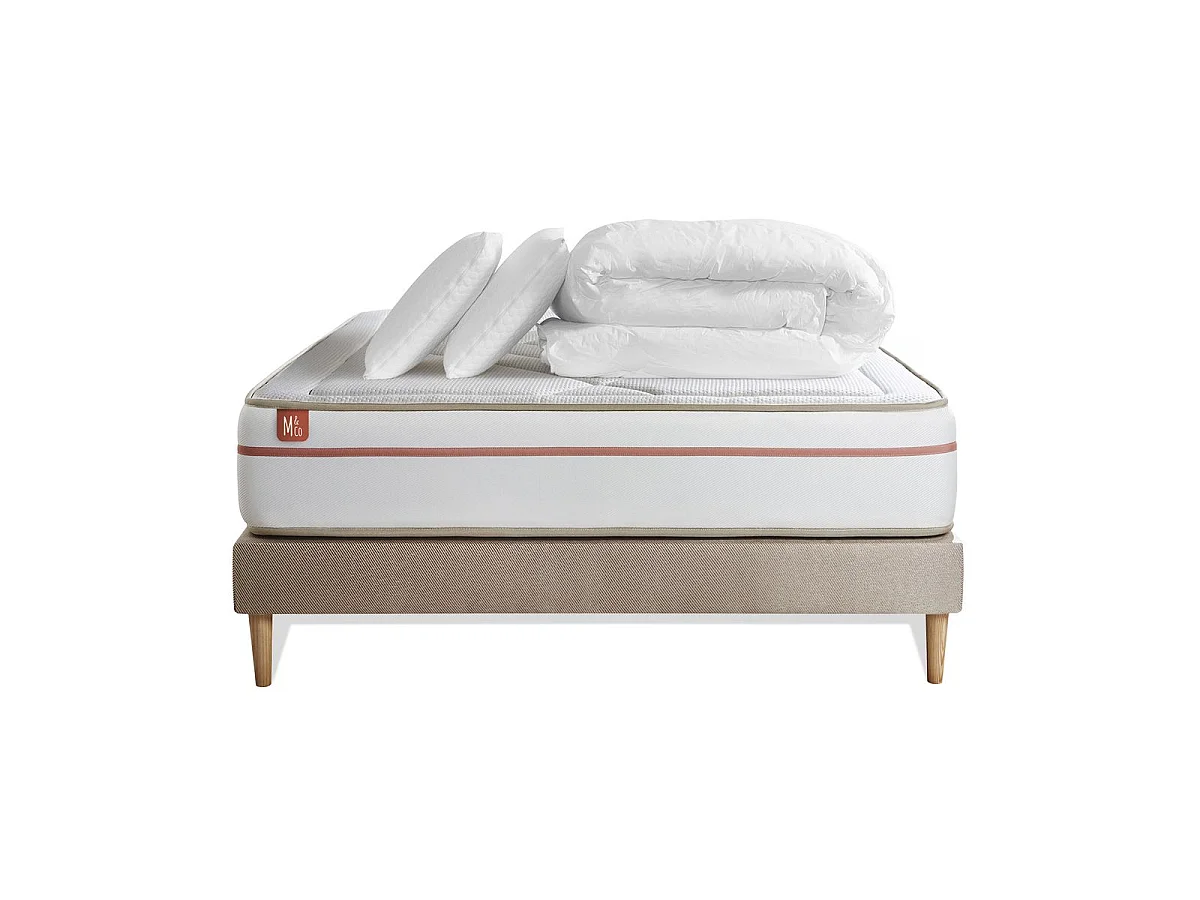 Pack prêt à dormir matelas LE PAISIBLE 140x200cm Mémoire de forme BioVisco + sommier Beige + 2 oreillers + couette 240x220cm