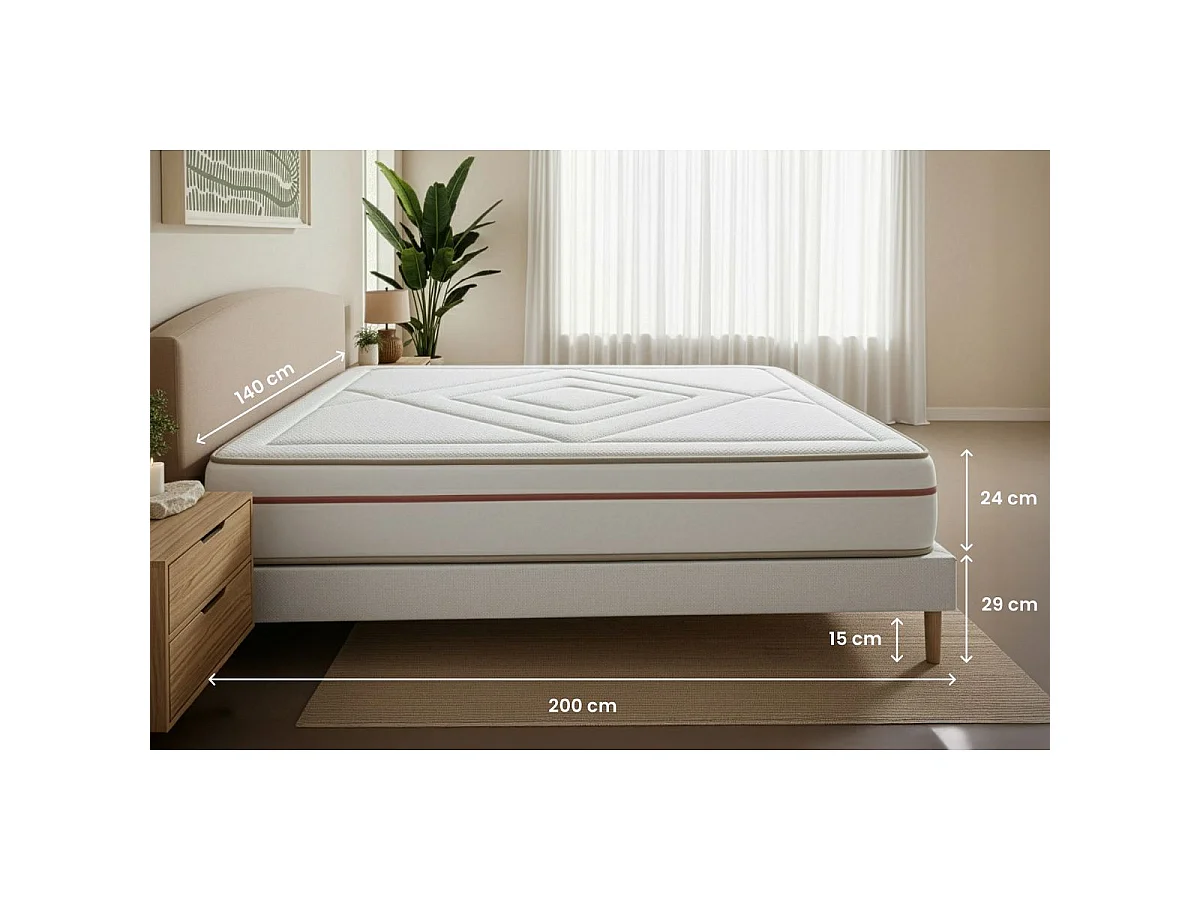 Pack prêt à dormir matelas LE PAISIBLE 140x200cm Mémoire de forme BioVisco + sommier Beige + 2 oreillers + couette 240x220cm