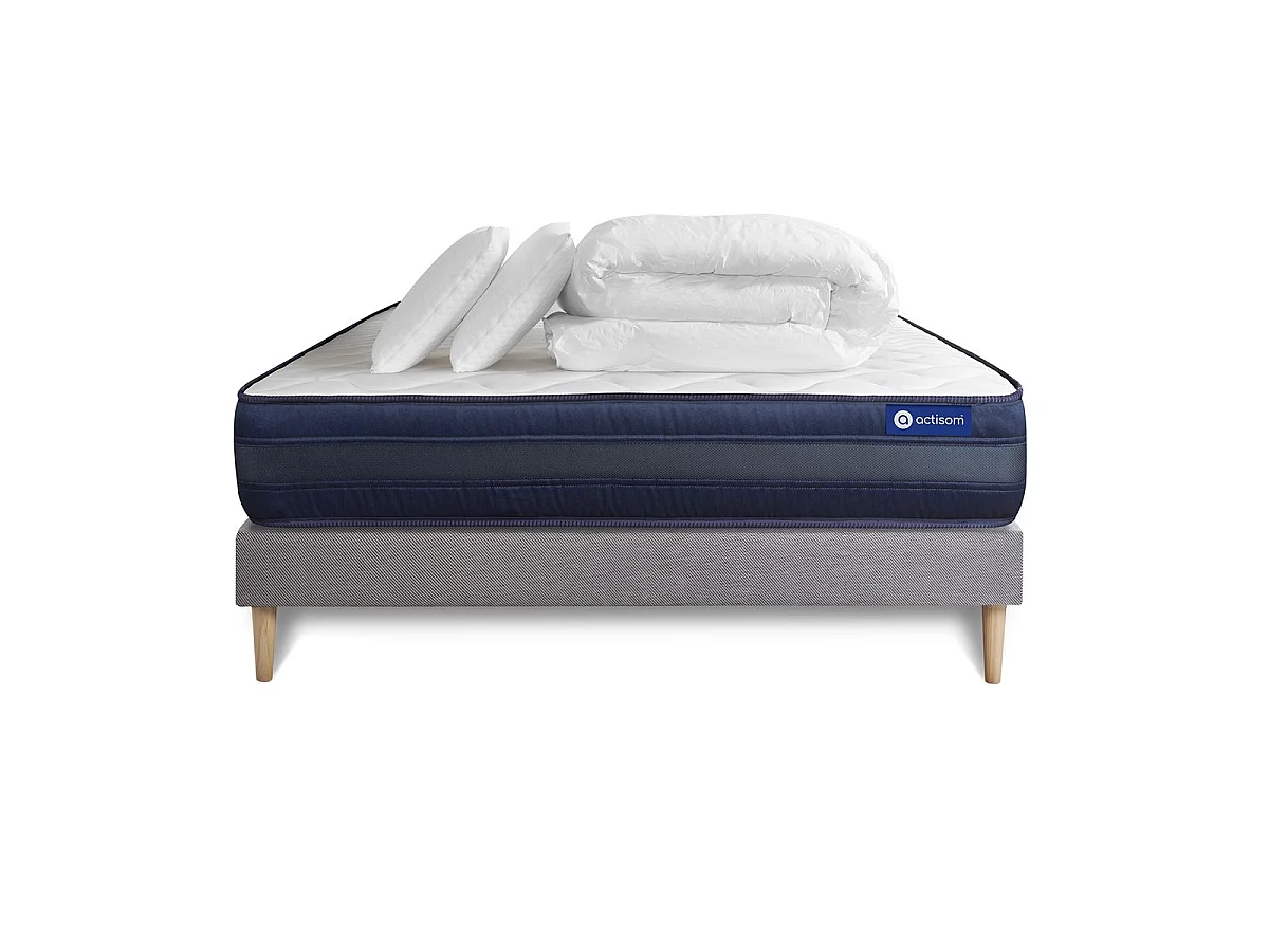 Pack prêt à dormir matelas ACTILATEX TECH 140x200 Mémoire de forme Maxi épaisseur + sommier KIT gris + 2 oreillers +couette