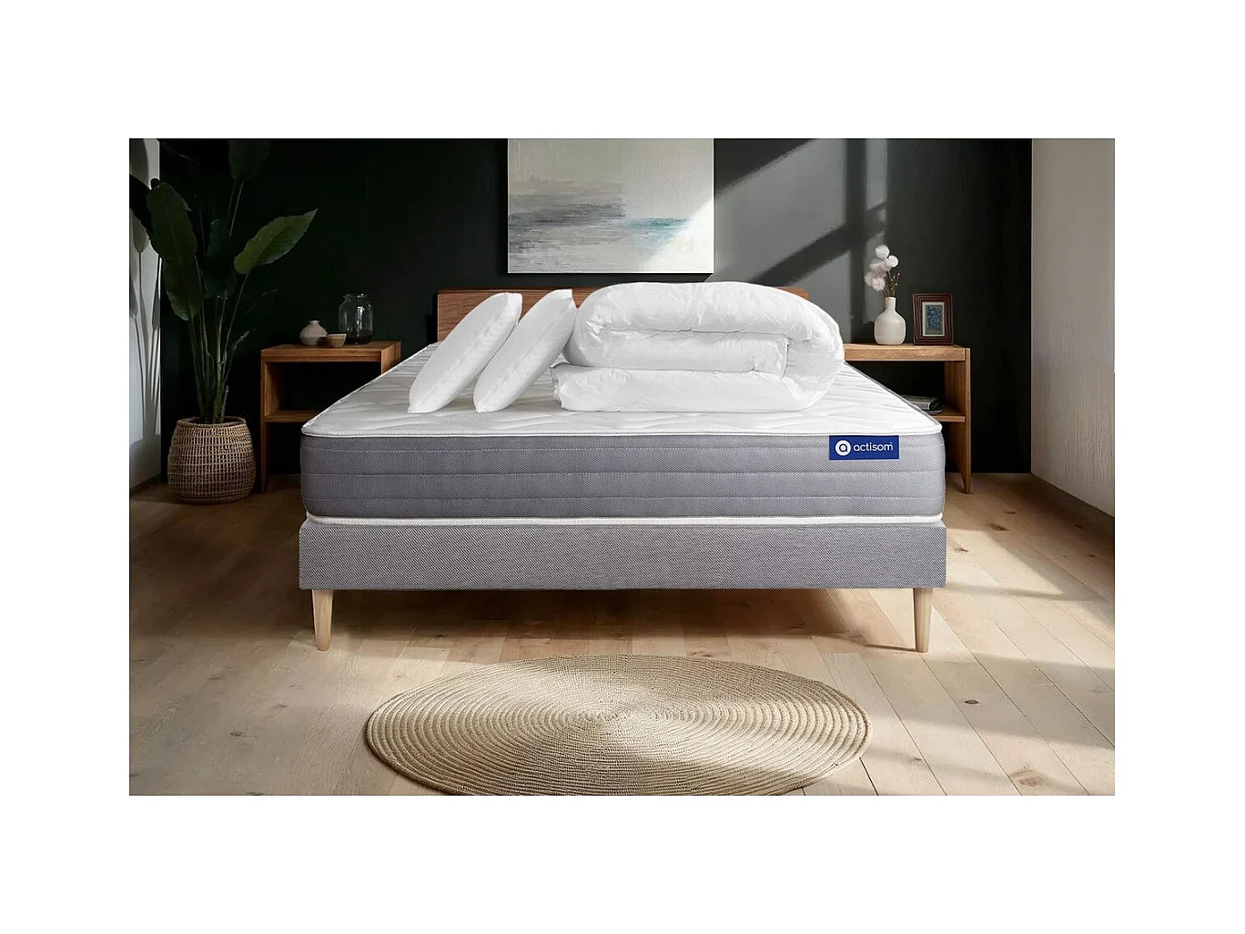 Pack prêt à dormir matelas ACTIFLEX DREAM Ressorts ensachés + mémoire de forme 140x190 + sommier KIT gris +2oreillers+couette