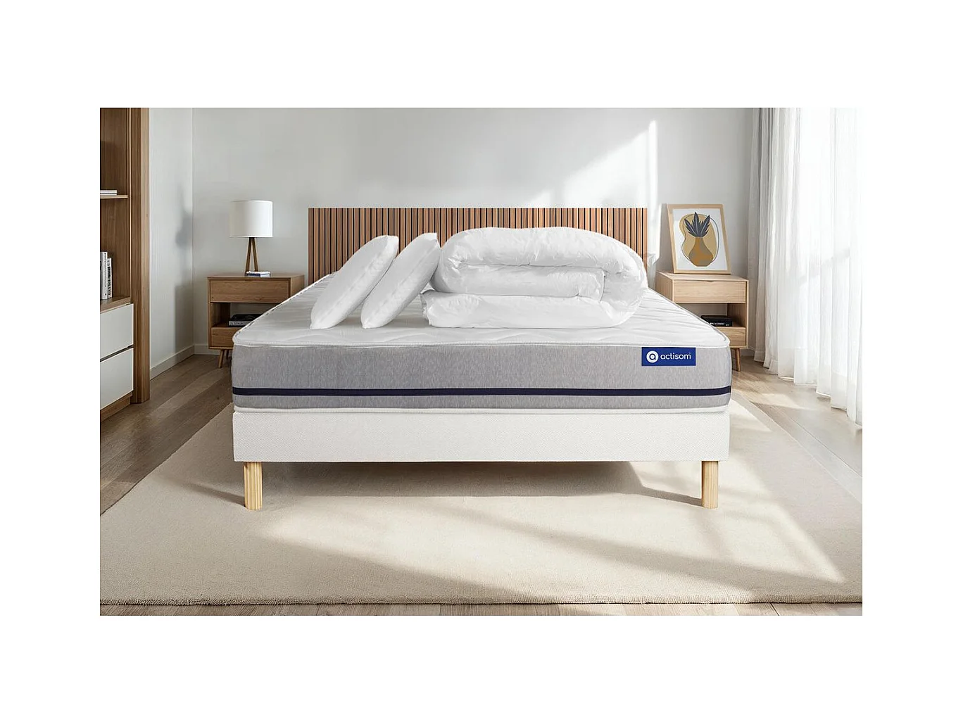 Pack prêt à dormir matelas 200x200 ACTILATEX SOFT 3zones de confort + sommier KIT blanc + 2 oreillers + couette