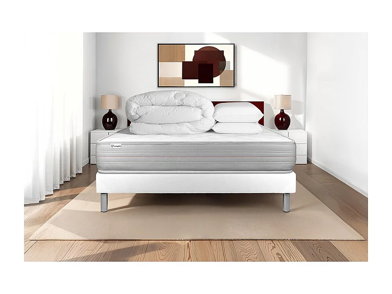 Komplettpaket Bett - Matratze 140x190 cm + Boxspringbett mit Lattenrost (im Set) + 2 Kopfkissen + Bettdecke - Vitalmemo