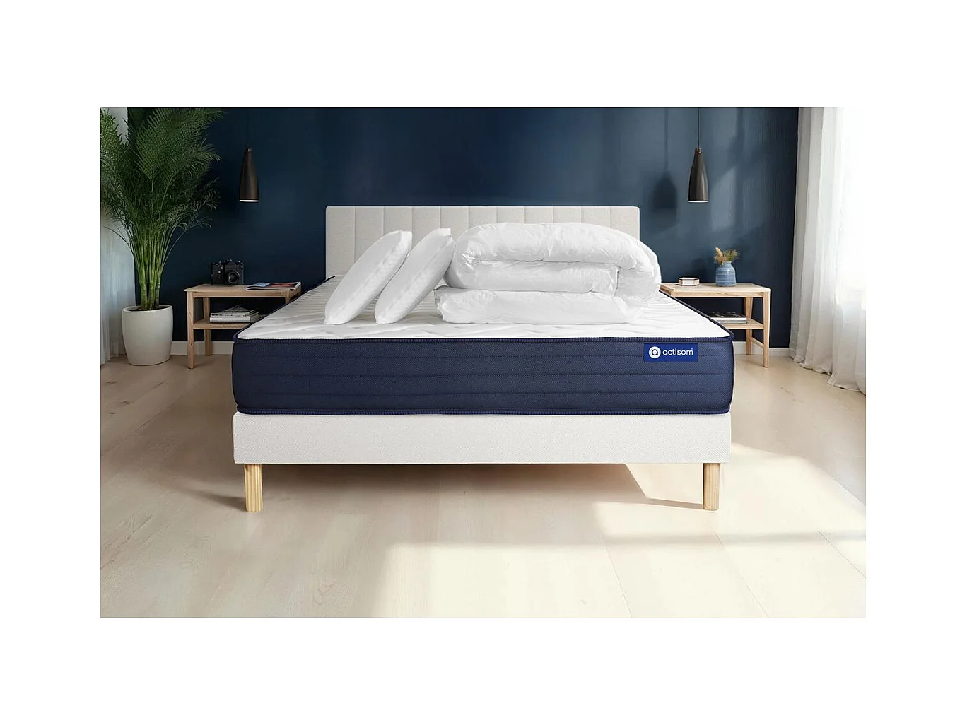 Pack prêt à dormir matelas ACTIMEMO LIFE 180x200 Mémoire de forme 5zones de confort + sommier KIT blanc + 2oreillers +couette