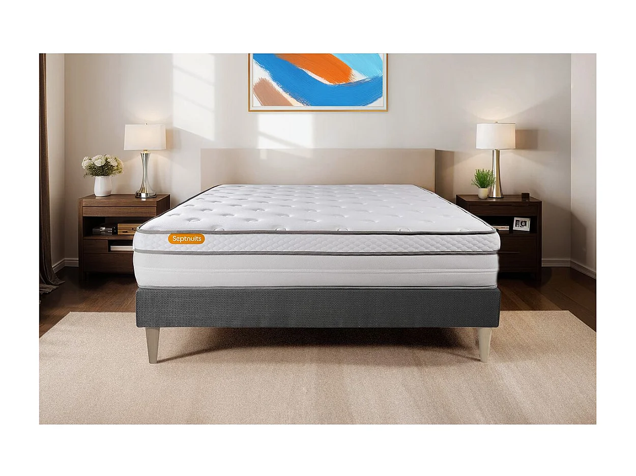 Matelas + sommier gris 140x190 Memo Luxe Ressorts ensachés + mémoire de forme 5 zones de confort MAXI épaisseur