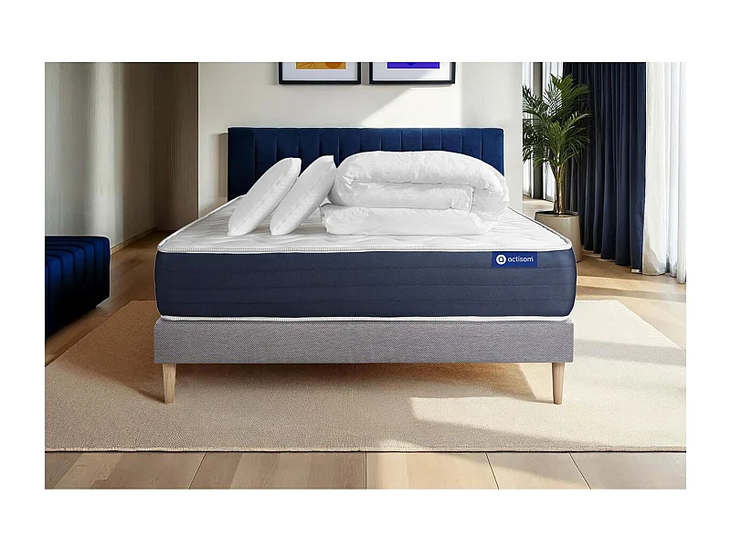 Pack prêt à dormir matelas Mémoire de forme ACTIMEMO SLEEP 140x200 5zones confort + sommier KIT gris + 2 oreillers + couette