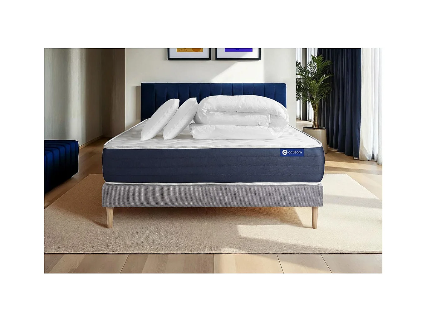Pack prêt à dormir matelas Mémoire de forme ACTIMEMO SLEEP 140x200 5zones confort + sommier KIT gris + 2 oreillers + couette