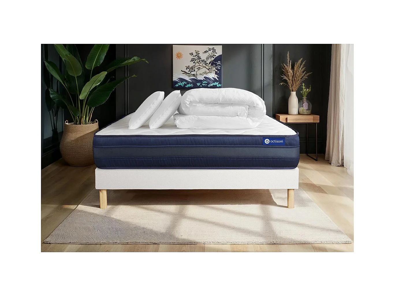 Pack prêt à dormir matelas ACTILATEX TECH 180x200 Mémoire de forme Maxi épaisseur + sommier KIT blanc + 2 oreillers +couette