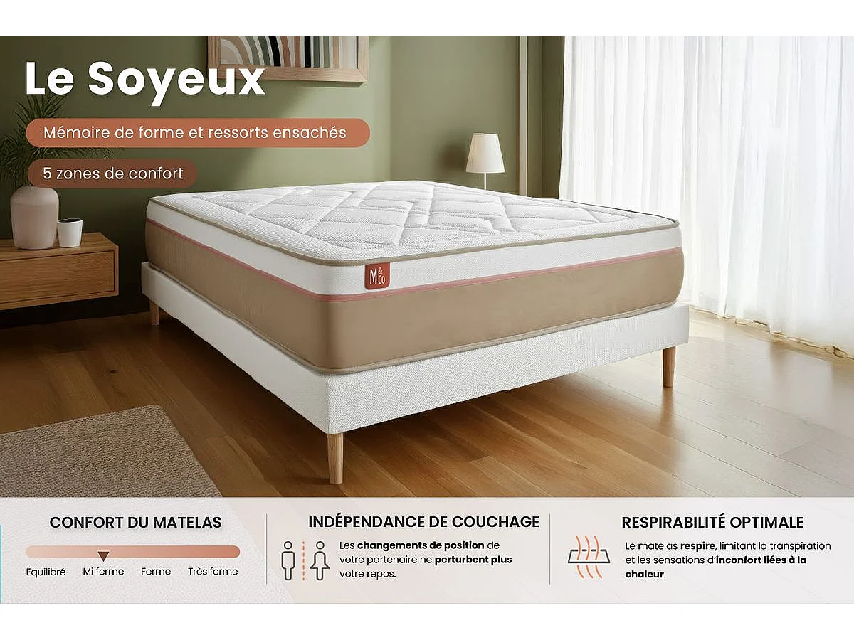 Ensemble LE SOYEUX 90x200cm Ressorts ensachés + Mémoire de forme BioVisco - Ep. 24cm + sommier Beige
