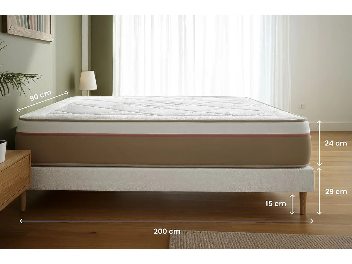 Ensemble LE SOYEUX 90x200cm Ressorts ensachés + Mémoire de forme BioVisco - Ep. 24cm + sommier Beige