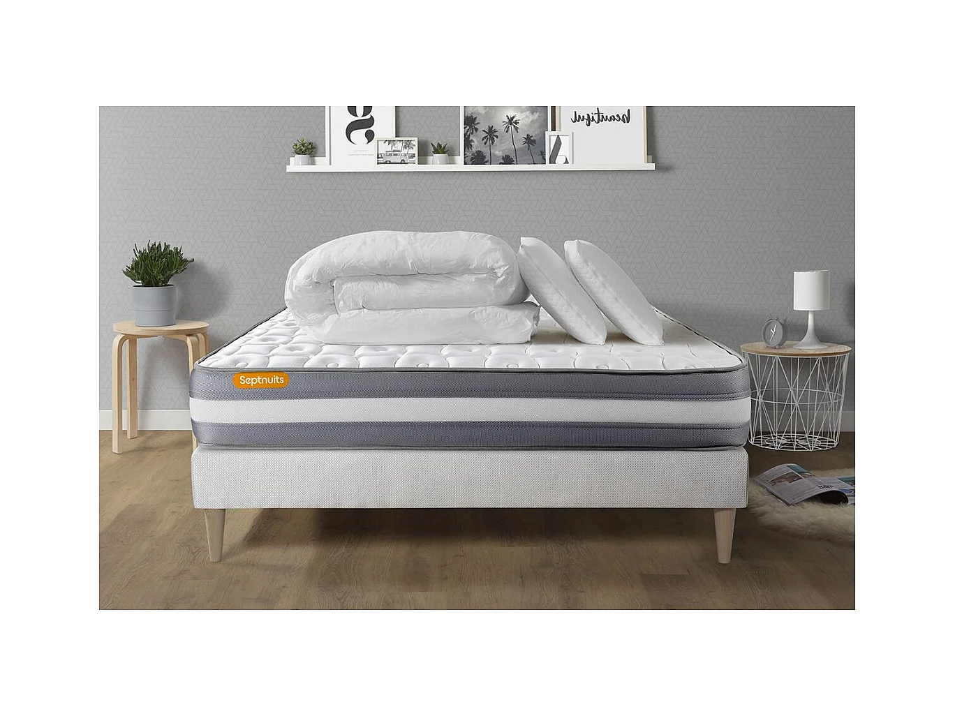 PACK matelas + sommier kit blanc 160x200 Memo Plus Mémoire de forme + 2 oreillers + couette
