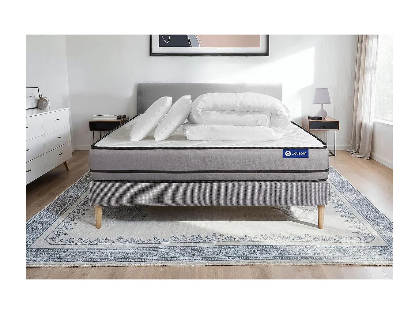 Conjunto completo de cama - Colchão 180x200 cm + estrado de molas com ripas (kit) + 2 almofadas + Edredão - Actimemo Night