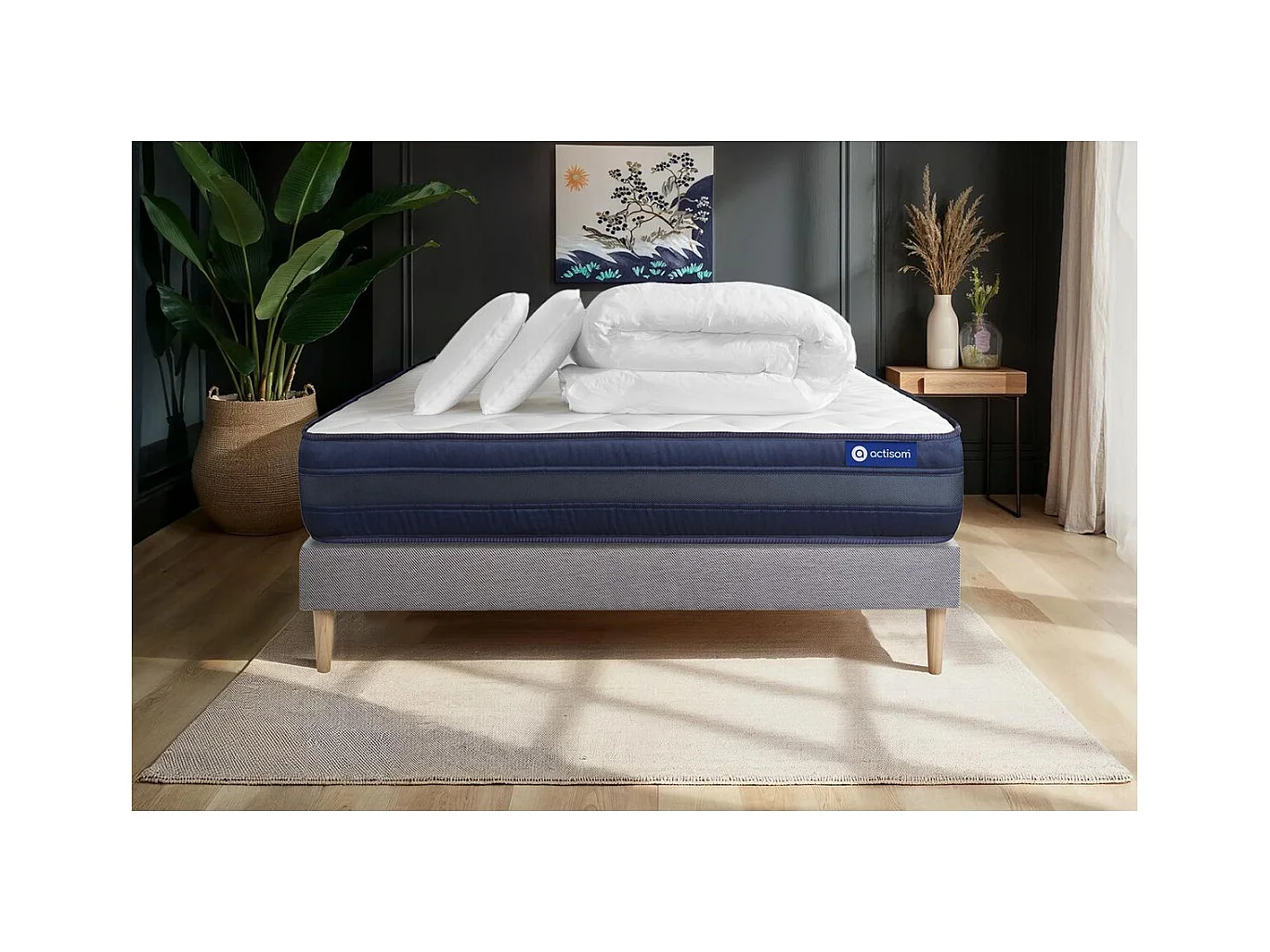 Pack prêt à dormir matelas ACTILATEX TECH 160x200 Mémoire de forme Maxi épaisseur + sommier KIT gris + 2 oreillers +couette