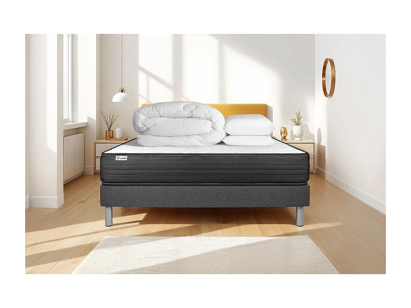 Compleet bedpakket - Matras 140x200 cm + Boxspring met lattenbodem (in kit) + 2 kussens + Dekbed - Vitalpower