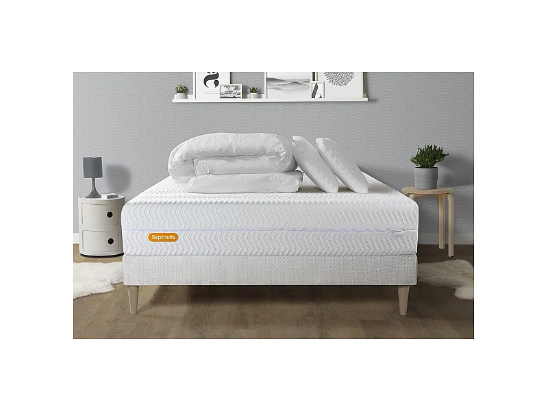 PACK Matelas + sommier kit blanc 140x200 Memo Bio Mousse à mémoire de forme Maxi épaisseur + Couette + 2 oreillers