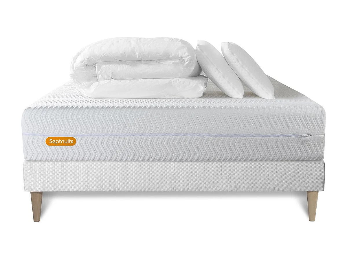 PACK Matelas + sommier kit blanc 140x200 Memo Bio Mousse à mémoire de forme Maxi épaisseur + Couette + 2 oreillers