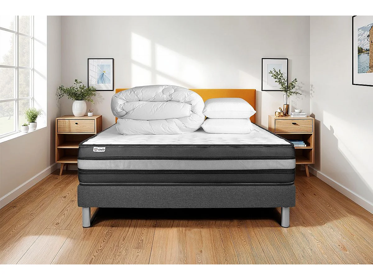 Pack cama completa - Colchón 200x200cm + Somier con láminas (kit) + 2 almohadas + Edredón - Vital Power Zen