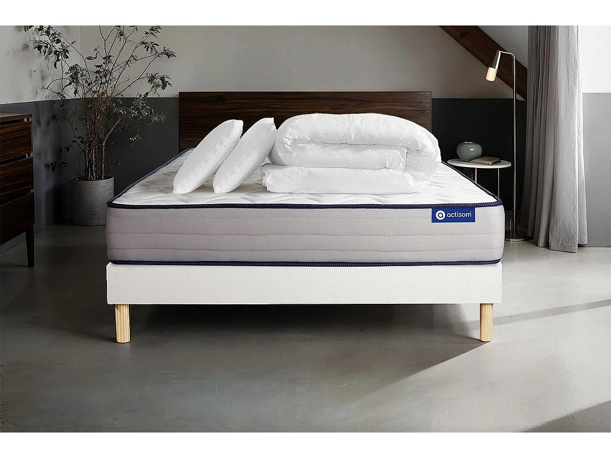 Pack prêt à dormir matelas Ressorts ensachés + Mémoire de forme ACTIFLEX FORM 200x200 + sommier KIT blanc +2oreillers+couette