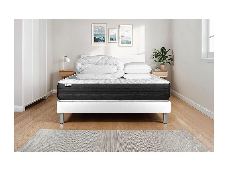 Komplettpaket Bett - Matratze 200x200 cm + Boxspringbett mit Lattenrost (im Set) + 2 Kopfkissen + Bettdecke - Vitalspring