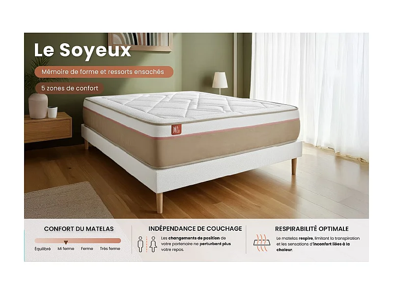 Ensemble LE SOYEUX 90x190cm Ressorts ensachés + Mémoire de forme BioVisco - Ep. 24cm + sommier kit Beige