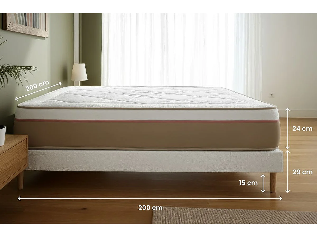 Ensemble LE SOYEUX 200x200cm Ressorts ensachés + Mémoire de forme BioVisco - Ep. 24cm + sommier kit Blanc