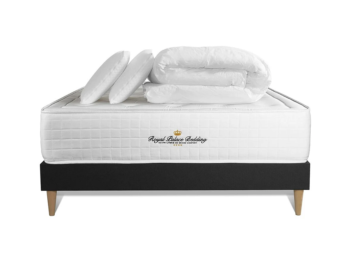 Pack matelas à mémoire de forme maxi épaisseur Buckingham 140x200cm + 2 oreillers + 1 couette 240x220cm